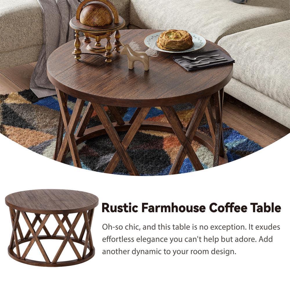 COZAYH Farmhouse Coffee Table, Rustic Round Coffee Table with X-Motifs Legs, Wood Textured Top, for Boho, French Country Decor, Brown