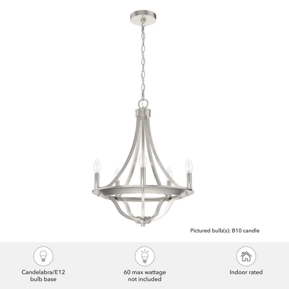 Hunter - Perch Point 5-light Brushed Nickel, Medium Size Chandelier, Dimmable, Casual Style, Empire Shaped, for Bedrooms, Kitchens, Dining, Living Rooms - 19425