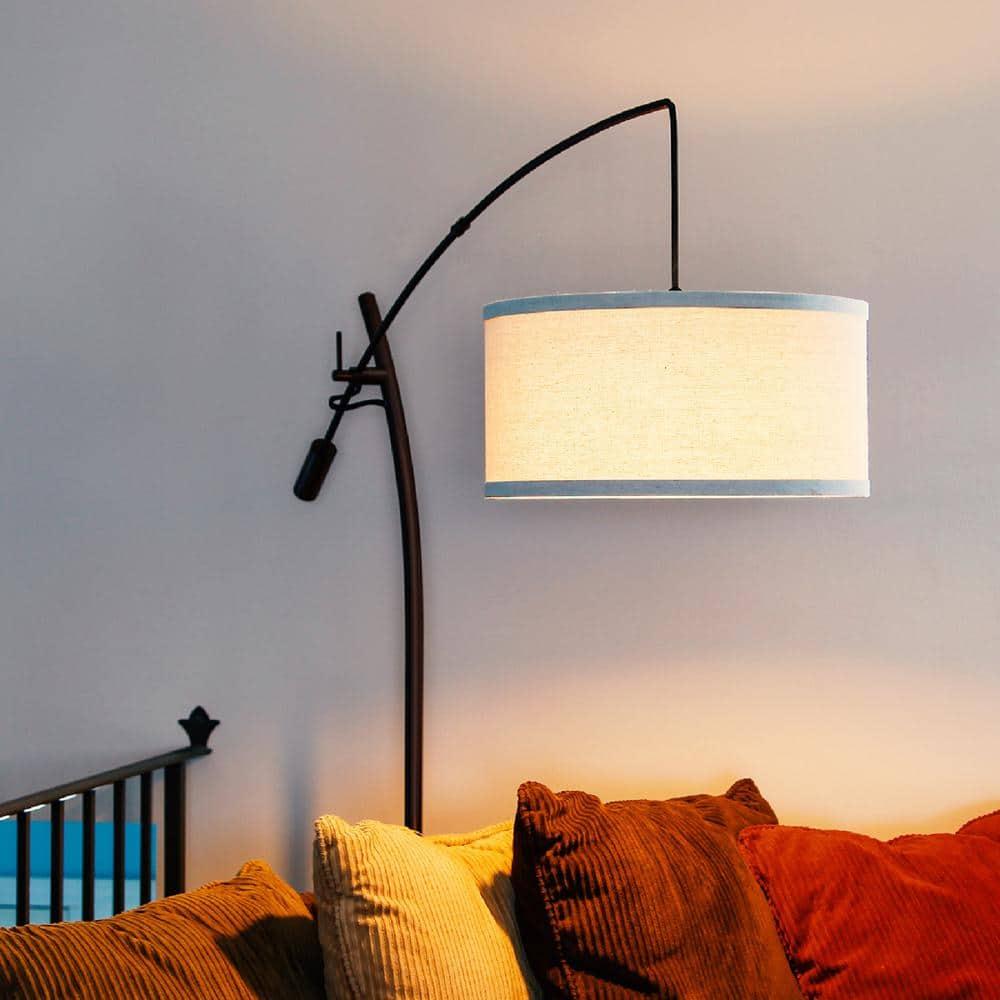 Brightech Grayson 84" Mid-Century Modern Height-Adjustable LED Arc Floor Lamp with Bronze Finish and Beige Cotton Fabric Drum Shade, Bulb Included
