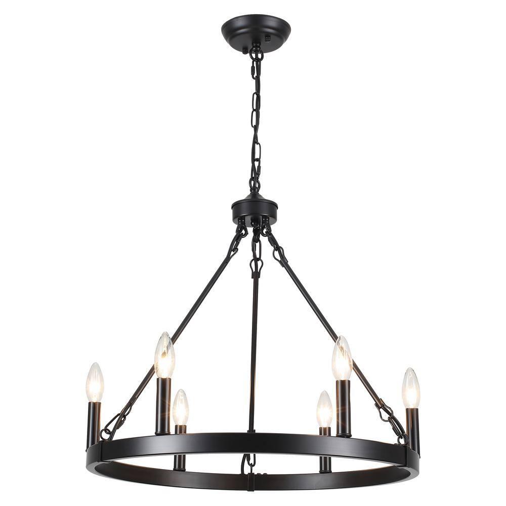 22.04 in. 6-Light Black Rustic Farmhouse Chandelier, Wagon Wheel Chandelier for Dining Room Living Room Bedroom Kitchen Black