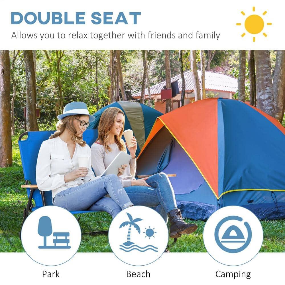 Outsunny Portable Folding Double Camping Chair Cup Holder, Loveseat for 2 Person, Outdoor Chair with Wood Armrest Beach Travel, Blue