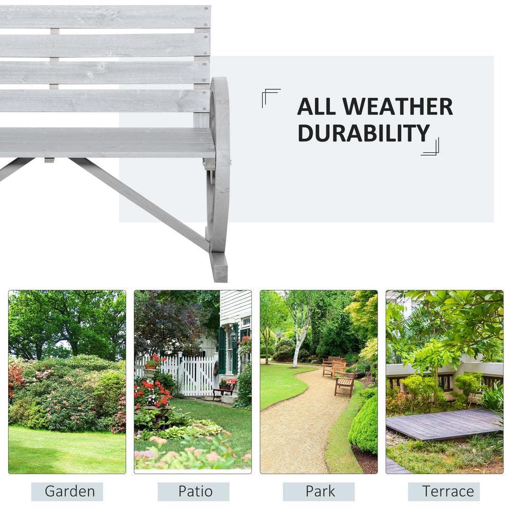 Outsunny Wooden Wagon Wheel Bench Rustic Outdoor Patio Furniture, 2-Person Seat Bench with Backrest Charcoal Gray