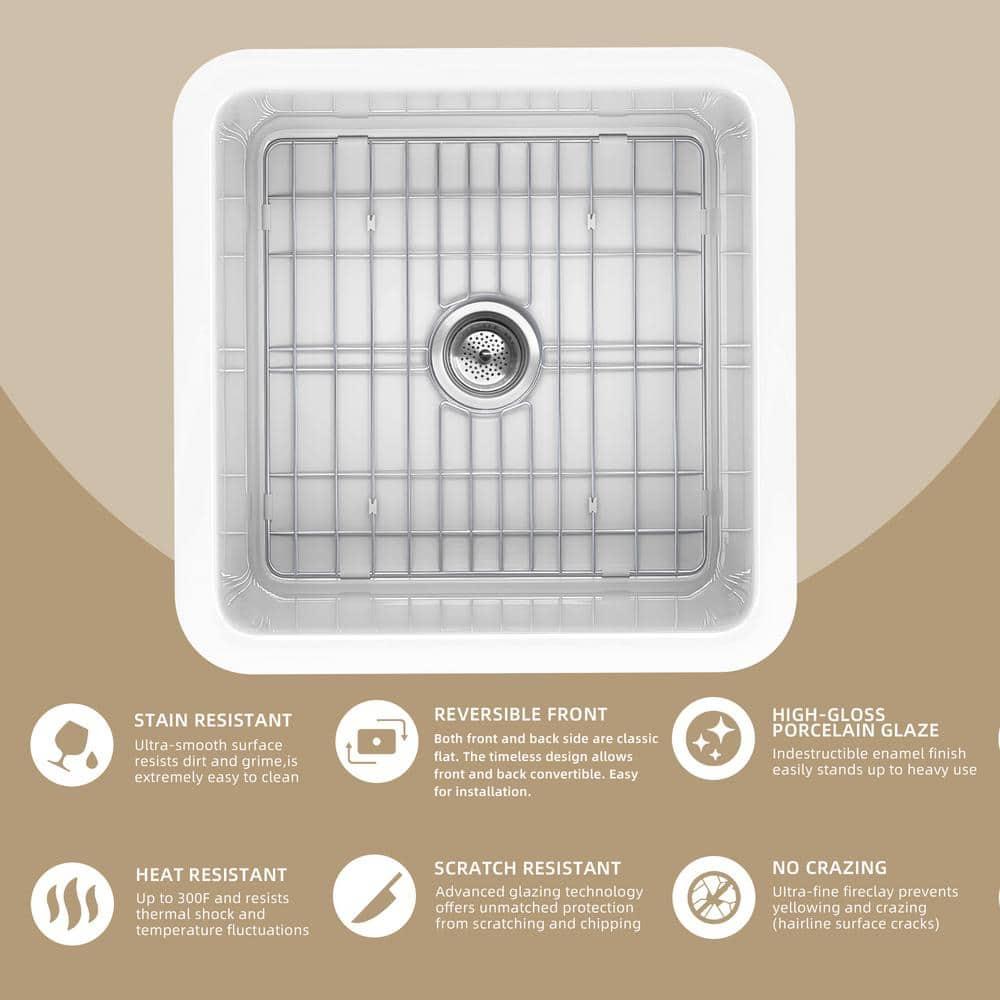 White Undermount Kitchen Sink 18 Inch - Small Topmount Wet Bar Sink Drop In 18x18x9, Dual Mount Single Bowl, Heavy Duty Solid Fireclay, with 2 Accessories, for Kitchen & Laundry & Outdoor