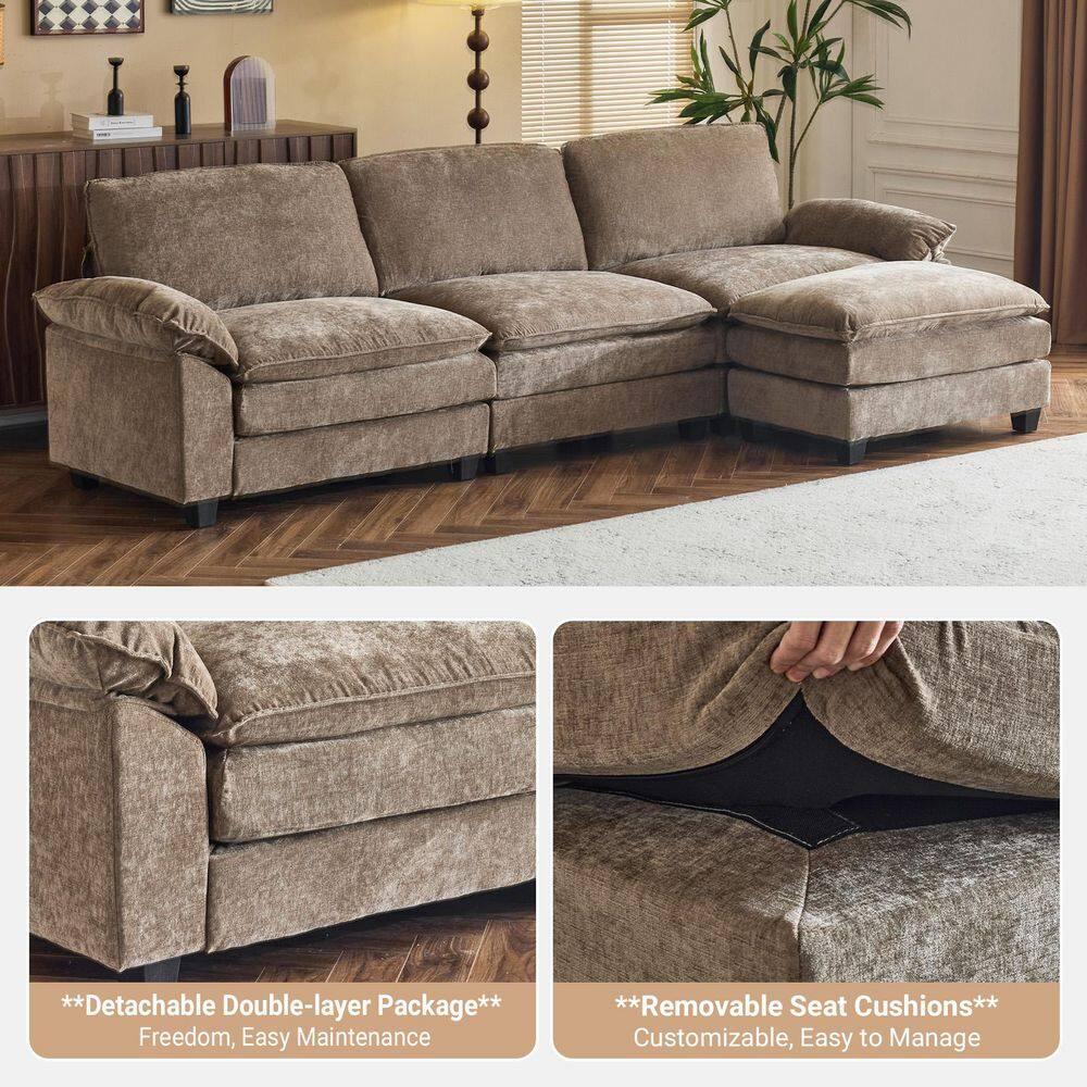 Karl home Sectional Sofa Modular Deep Seat Sofa Couch with Ottoman, Chenille Sofa Sleeper Comfy Upholstered Furniture for Living Room, Apartment, Studio, Office, (3-Seat & 1-Ottoman, Light Brown)