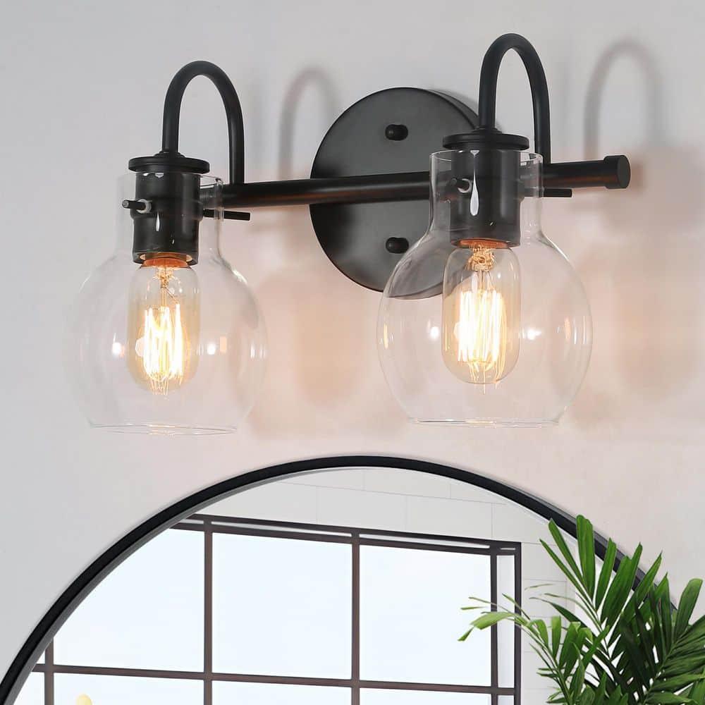 13" Black Metal Vanity Light with Clear Glass Globe Shades