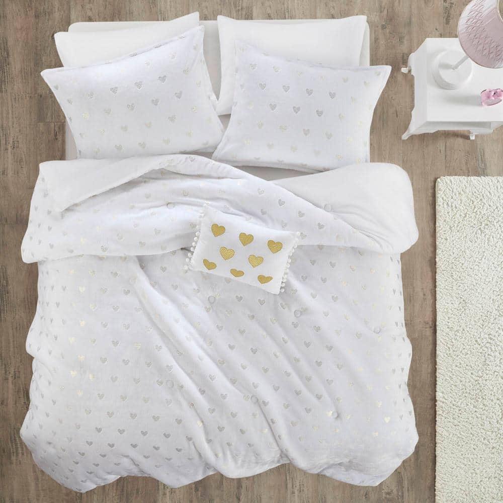 Mi Zone Full/Queen Audrey Metallic Print Plush Microfiber Soft Comforter Set with Throw Pillow White: Hypoallergenic, Transitional Style