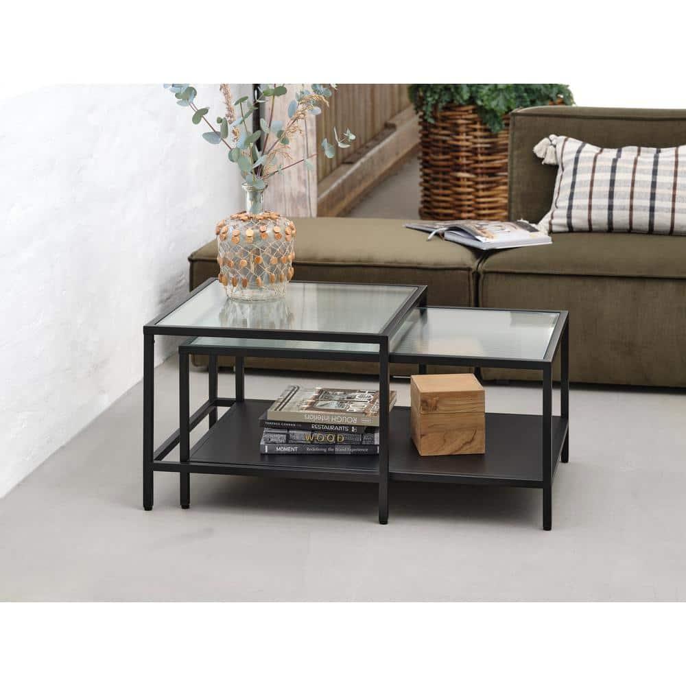 Unique Furniture Metal and Fluted Glass Nesting Coffee Table Set in Black