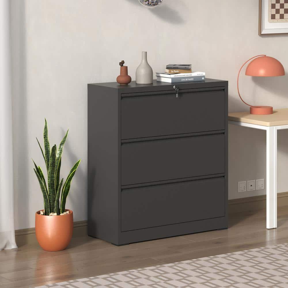 Black Metal 3-Drawer Lockable Lateral File Cabinet