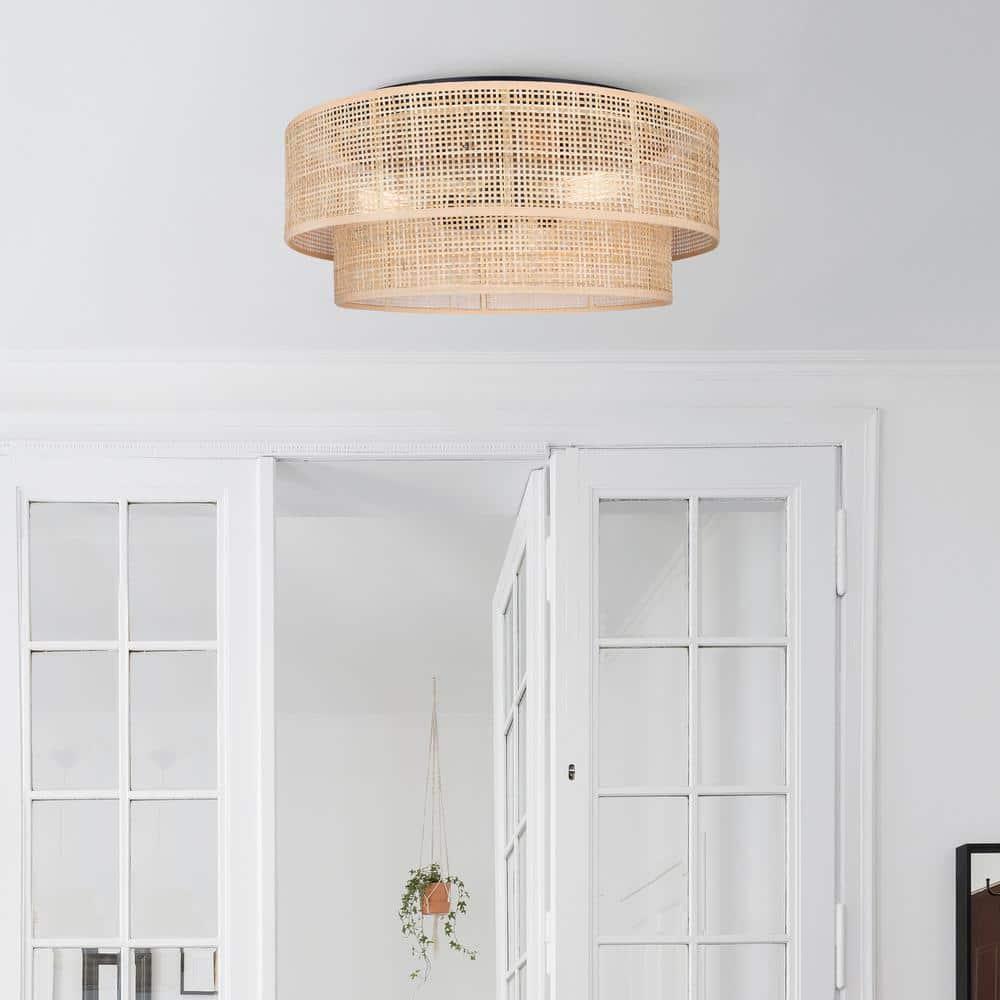 Bellamy 19-Inch 3-Light Flush Mount Ceiling Light – Contemporary Black Finish with Natural Rattan Shade, Warm Lighting for Bedroom, Hallway, or Entryway