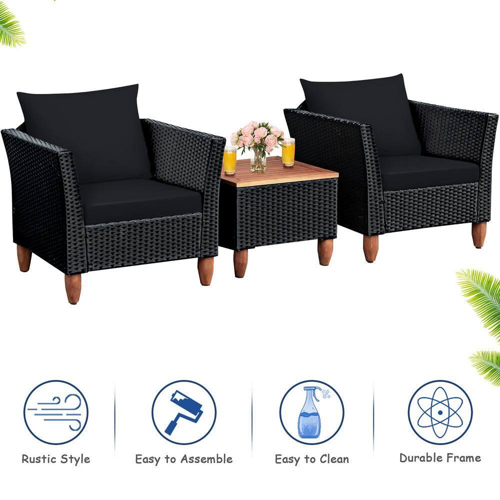 Costway 3PCS Outdoor Patio Rattan Furniture Set Wooden Table Top Cushioned Sofa Black