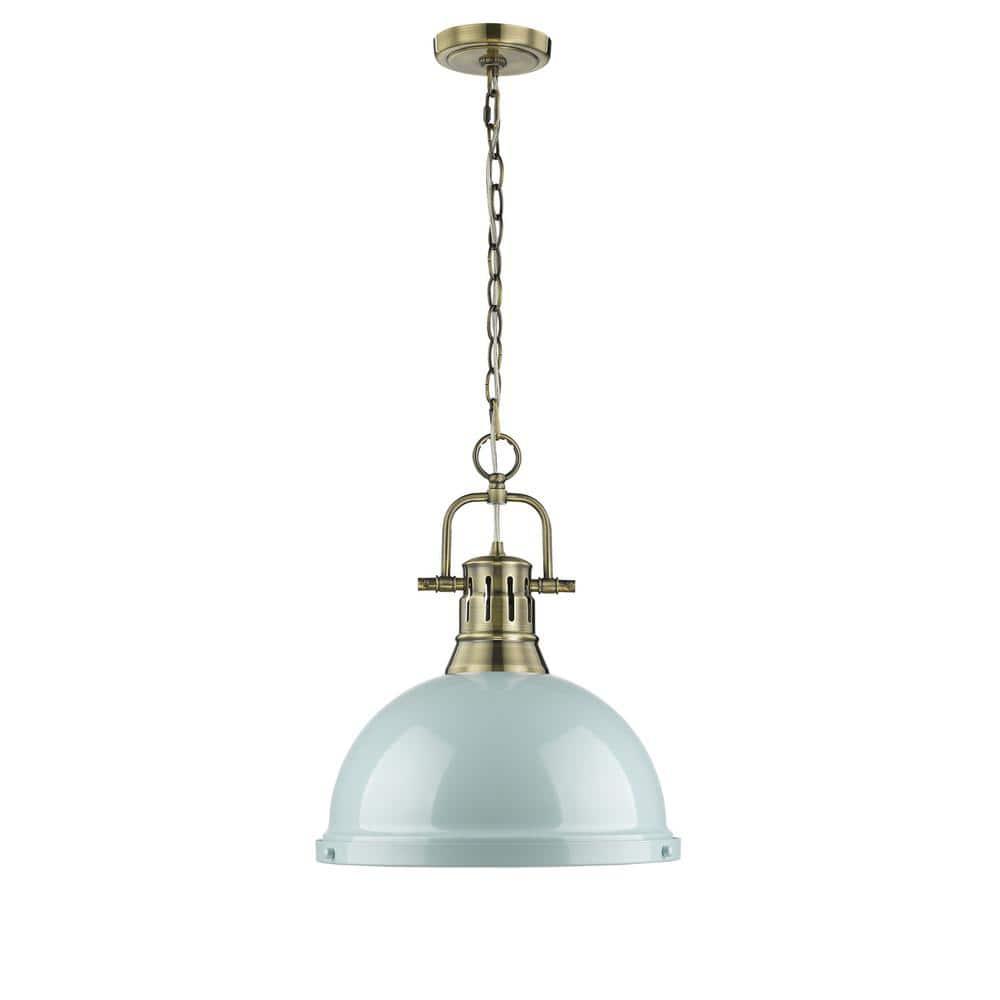 Golden Lighting Duncan 1-Light Large Pendant with Chain in Aged Brass with Seafoam