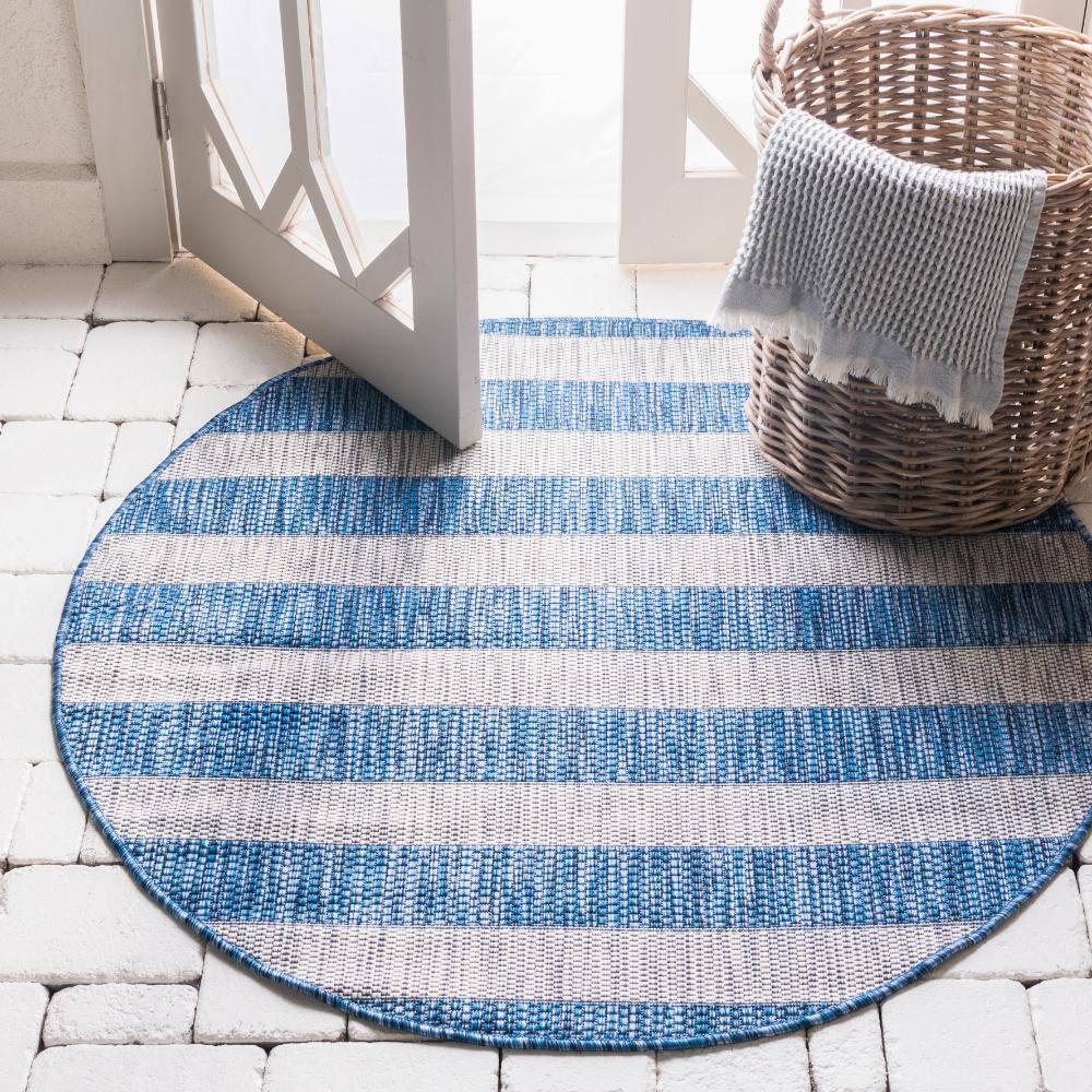 Unique Loom 4' 1 x 4' 1 Round Indoor/Outdoor Striped Blue Area Rug