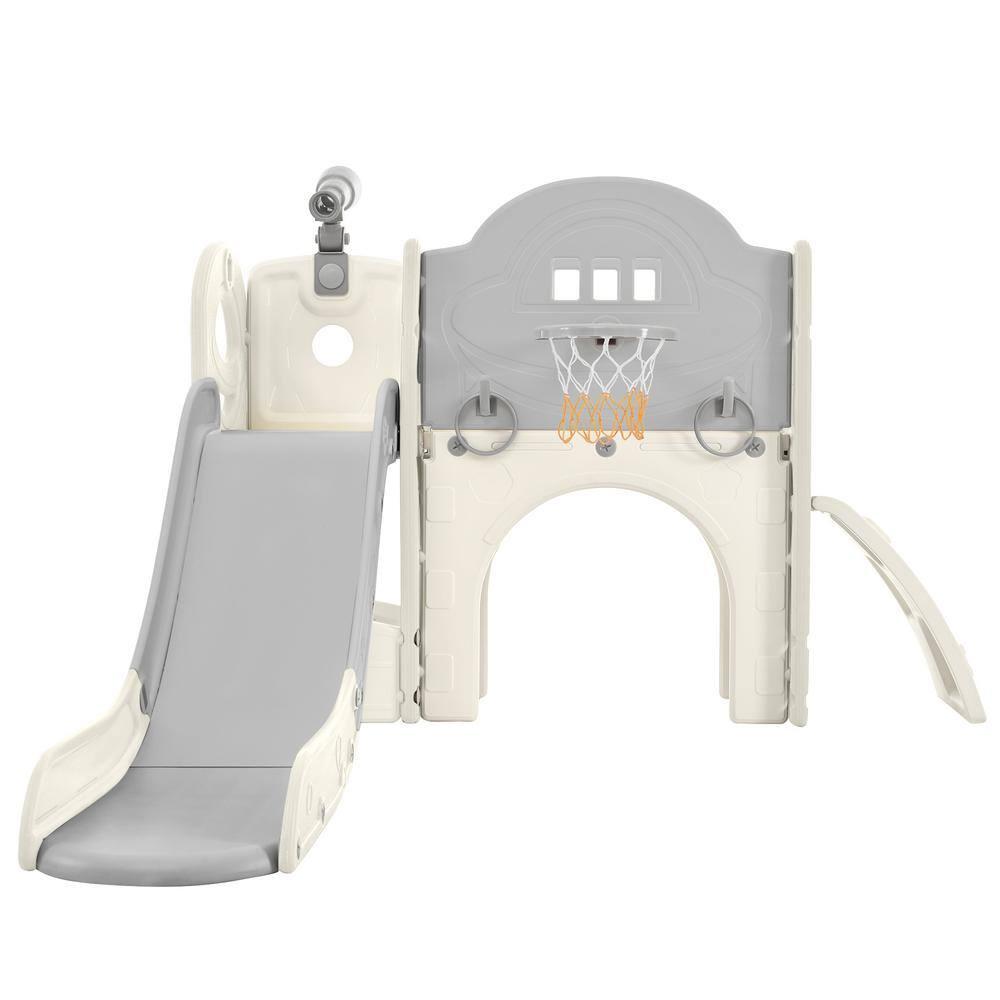 Gray and White 7-in-1 Freestanding Spaceship Playset with Slide, Telescope and Basketball Hoop