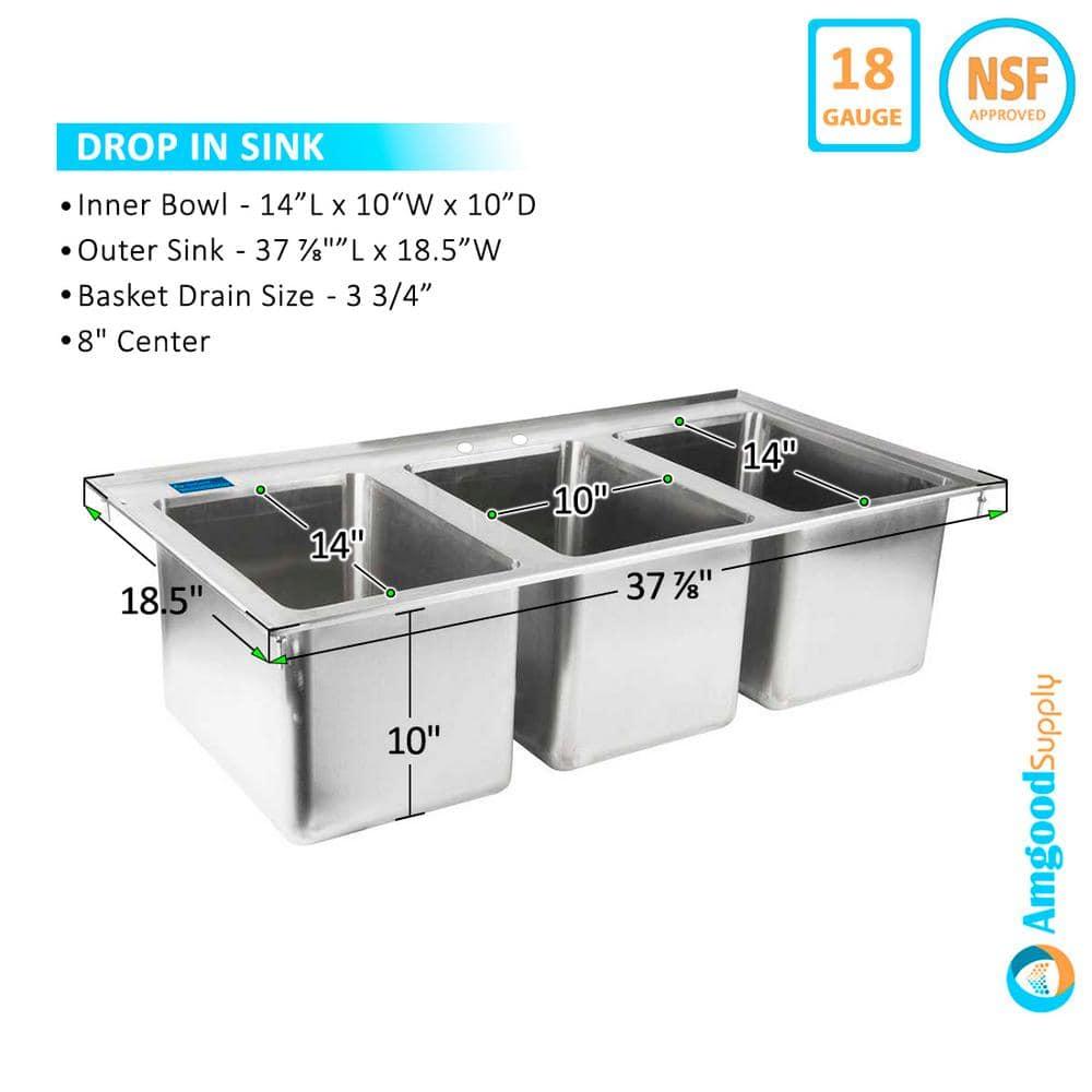 37" L x 18" W Stainless Steel 3 Compartment Drop in Sink