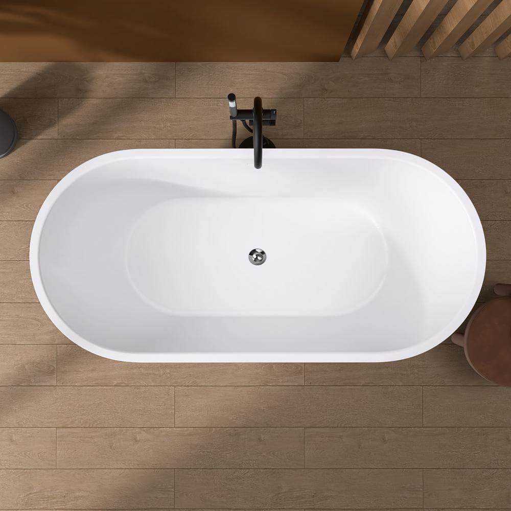 55" Freestanding Soaking Acrylic Bathtub Contemporary Stand Alone Tub with Pop-Up Drain