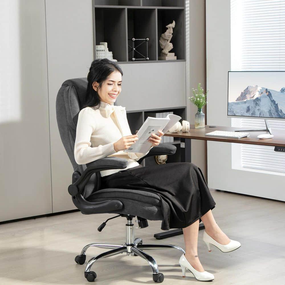 HOMCOM Executive Office Chair, Fabric Comfy Computer Desk Chair with Swivel Wheels, Flip-up Armrest, Adjustable Height, Charcoal Gray