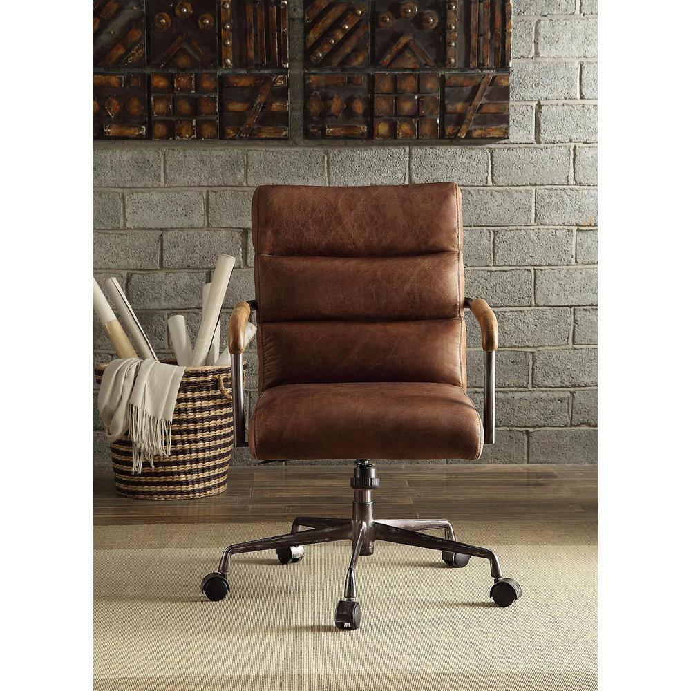 Leather Executive Swivel Office Chair with Lumbar and Back Support and Wheels, Industrial Modern Upholstered Home Desk Chair in Retro Brown Top Grain Leather for Living Room Office
