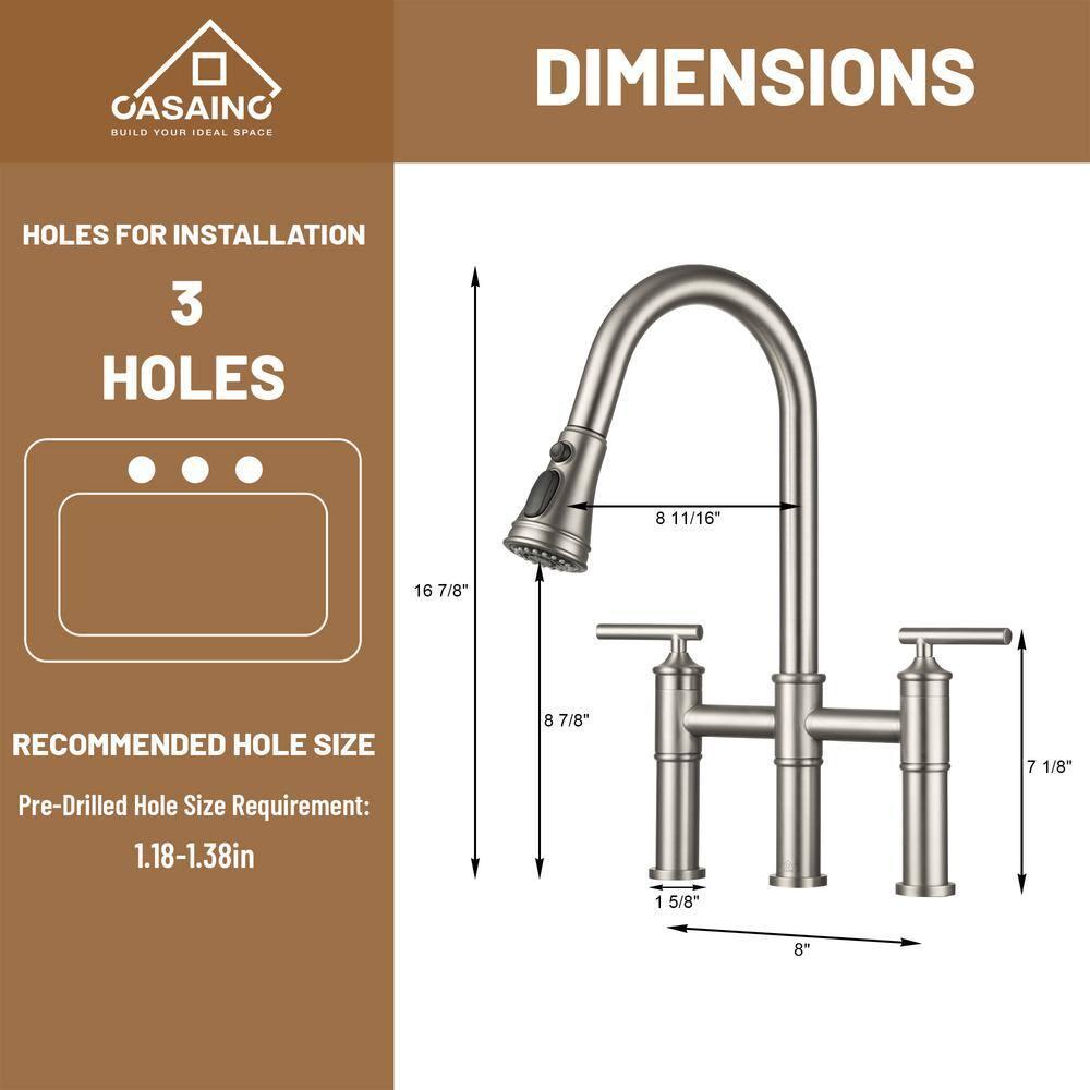 CASAINC Sleek 2-Handle Bridge Kitchen Faucet with Three Function Pull-Down Sprayhead 1.8 GPM KCLT0001-BN