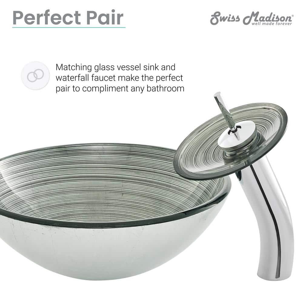 Swiss Madison Cascade 16.5 Glass Vessel Sink with Faucet, Smoky Grey