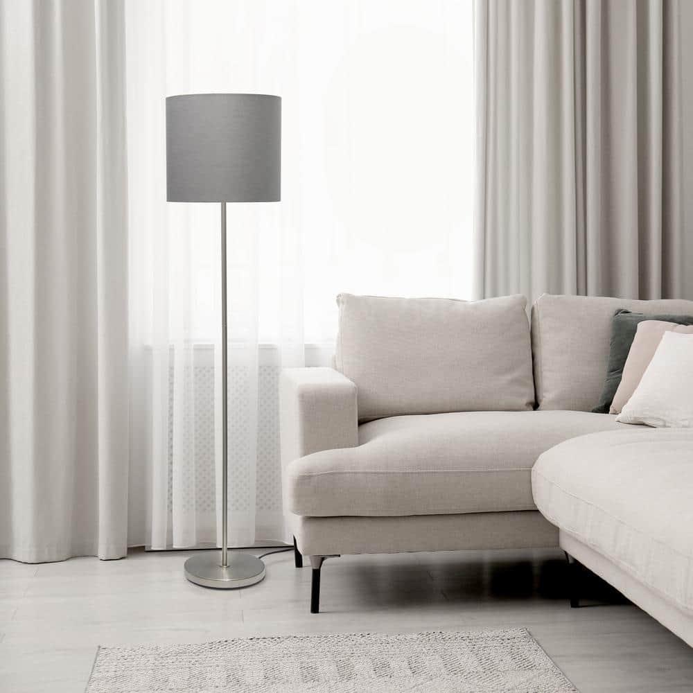 Simple Designs Drum Shade Floor Lamp Gray : Brushed Nickel Finish, Cotton Shade, ETL Listed, Modern Decor