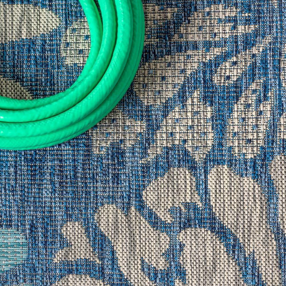3'x5' Zinnia Modern Floral Textured Weave Indoor/Outdoor Area Rug, Navy/Aqua - JONATHAN Y