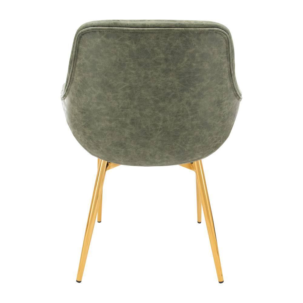 LeisureMod Markley Faux Leather Dining Chair with Arms and Gold Metal Legs, Olive Green