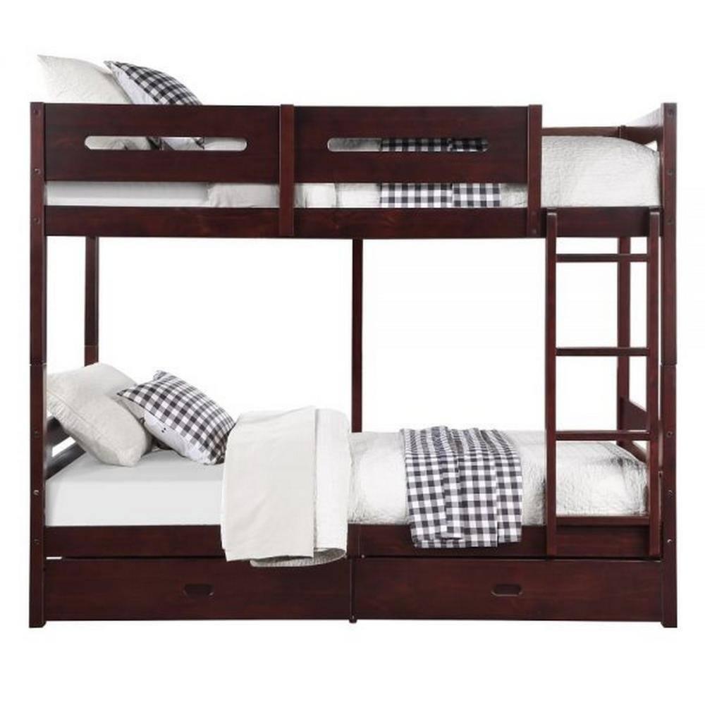 Benjara Asin Twin Bunk Bed, Front Facing Ladder, Storage, Solid Pine Wood, Brown