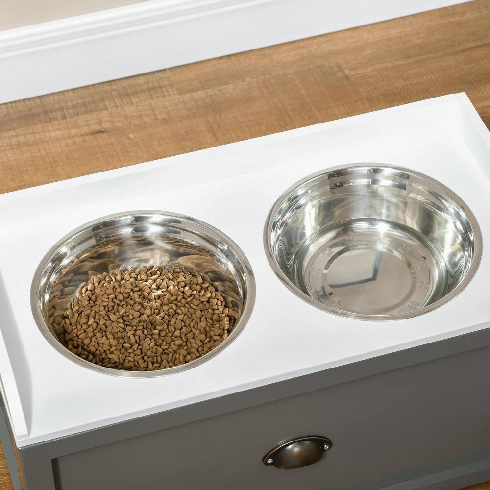 PawHut Dog Feeding Station with Storage Drawer, Dog Food Storage Cabinet w/ Removable Elevated Dog Bowls for Large Sized Dogs, Gray