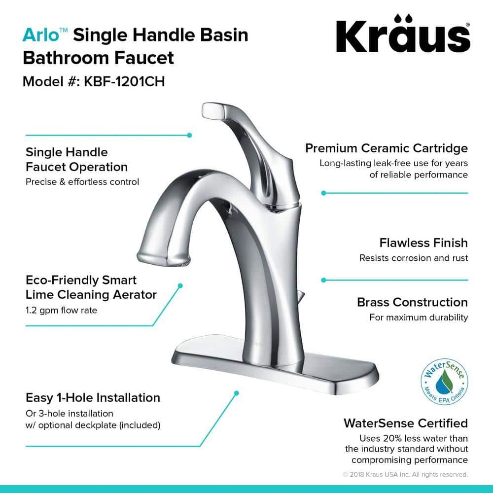 Kraus Arlo Single Hole 1-Handle WaterSense Bathroom Sink Faucet with Drain and Deck Plate