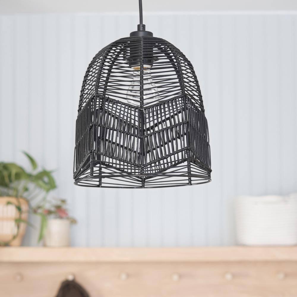 10"W Amher 1-Light Black Rattan Pendant Light