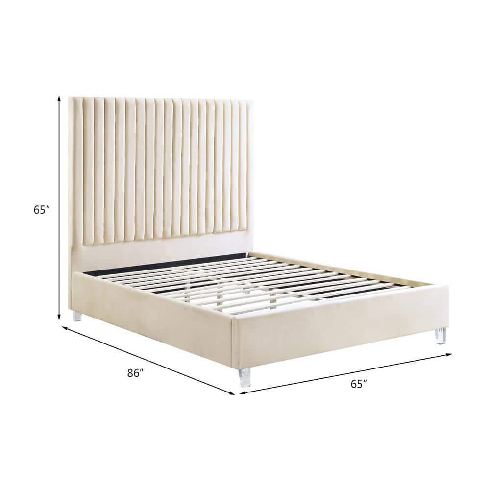 Acme Furniture 86" Queen Bed Edzia Bed Beige Velvet: Luxurious Upholstered Panel, Wood Frame, Acrylic Textile