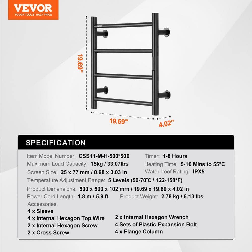 VEVOR 4 Bars Towel Warmer Rack, Wall Mounted Heated Towel Rack for Bathroom, IPX5 Waterpoof Towel Heater Rack with Timer & Display Screen, Black