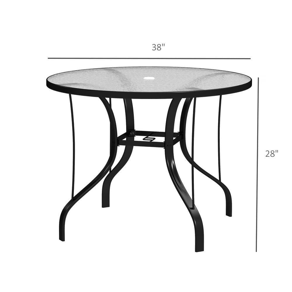 Outsunny 38" Round Patio Table, Outdoor Dining Table Tempered Glass Metal Frame Bistro Table with Umbrella Hole, for Deck, Yard, Balcony, Lawn, Pool