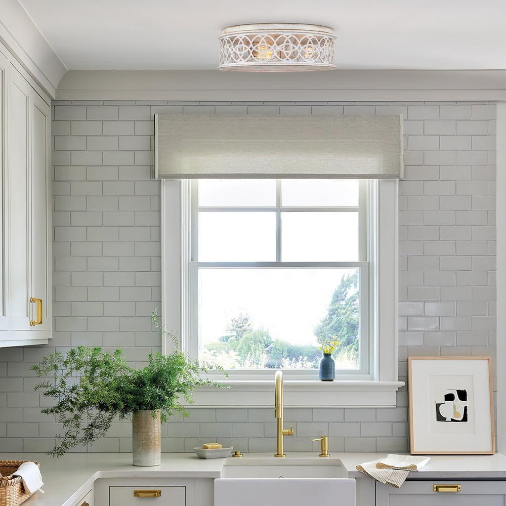 Kira Home Blythe 17" 3-Light Rustic Farmhouse Flush Mount Ceiling Light + Metal Cage Drum Shade, Antique White Finish