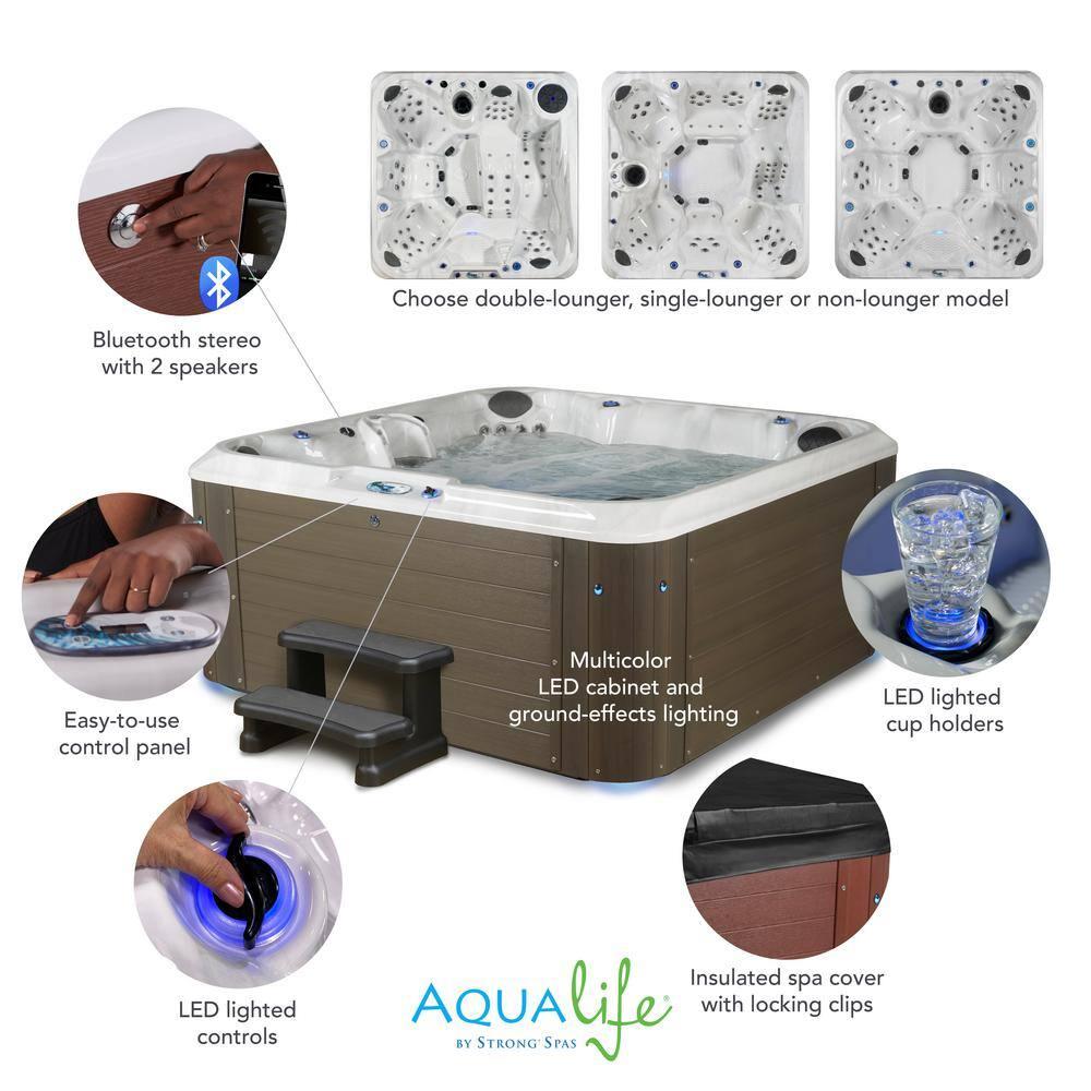 Amplified 6-Person 100-Jet Double-Lounger Hot Tub Spa with Bluetooth Stereo, 3 Pumps, LED Lighting, Stainless Steel Heater and Ozonator, Insulated Cover and Steps Included