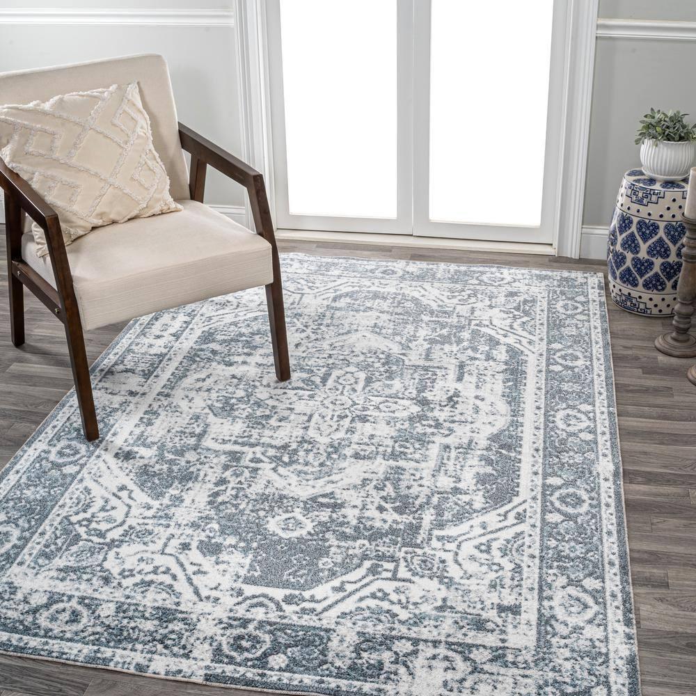 JONATHAN Y Keesha Bold Distressed Medallion Low-Pile Machine-Washable Cream/Blue 3 ft. x 5 ft. Area Rug