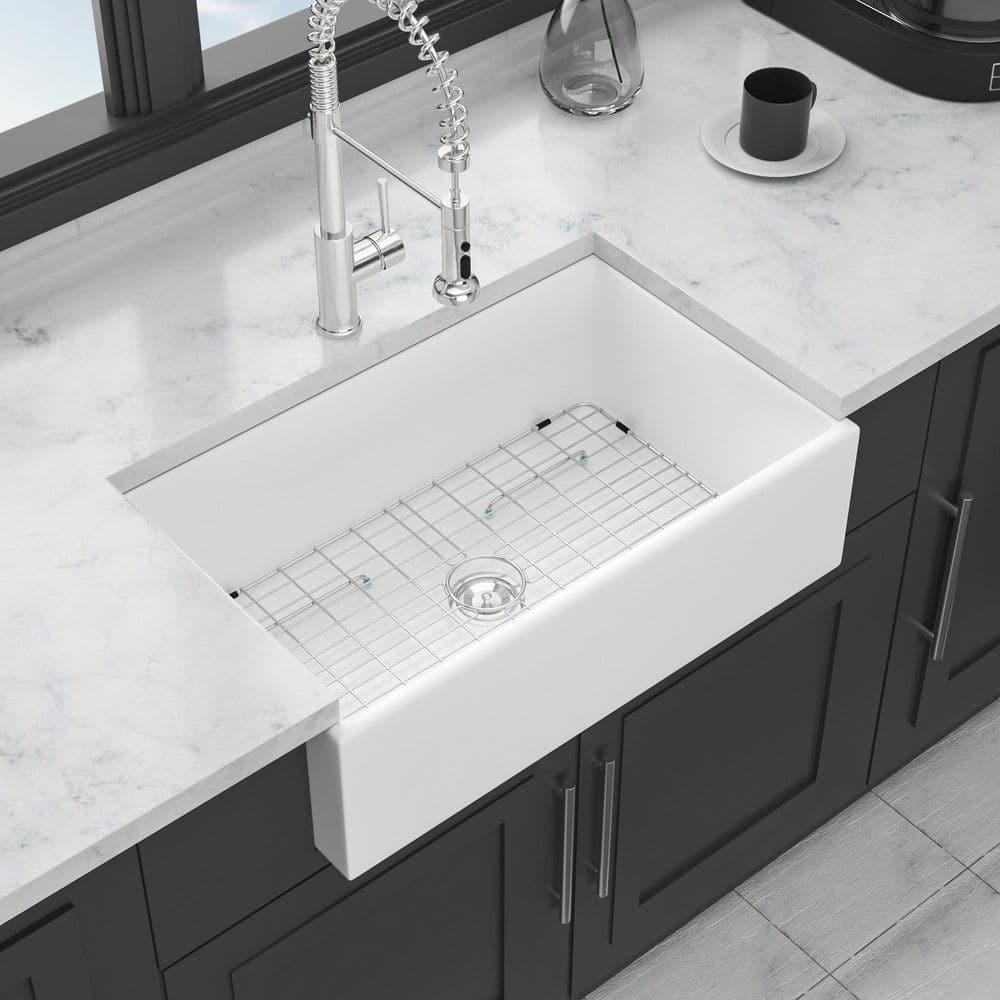 30 Inch Ceramic Kitchen Sink,Included Stainless Steel Dish Grid&Basket Strainer, Easy to Clean,Utility Sink for Workstation, Kitchen,White
