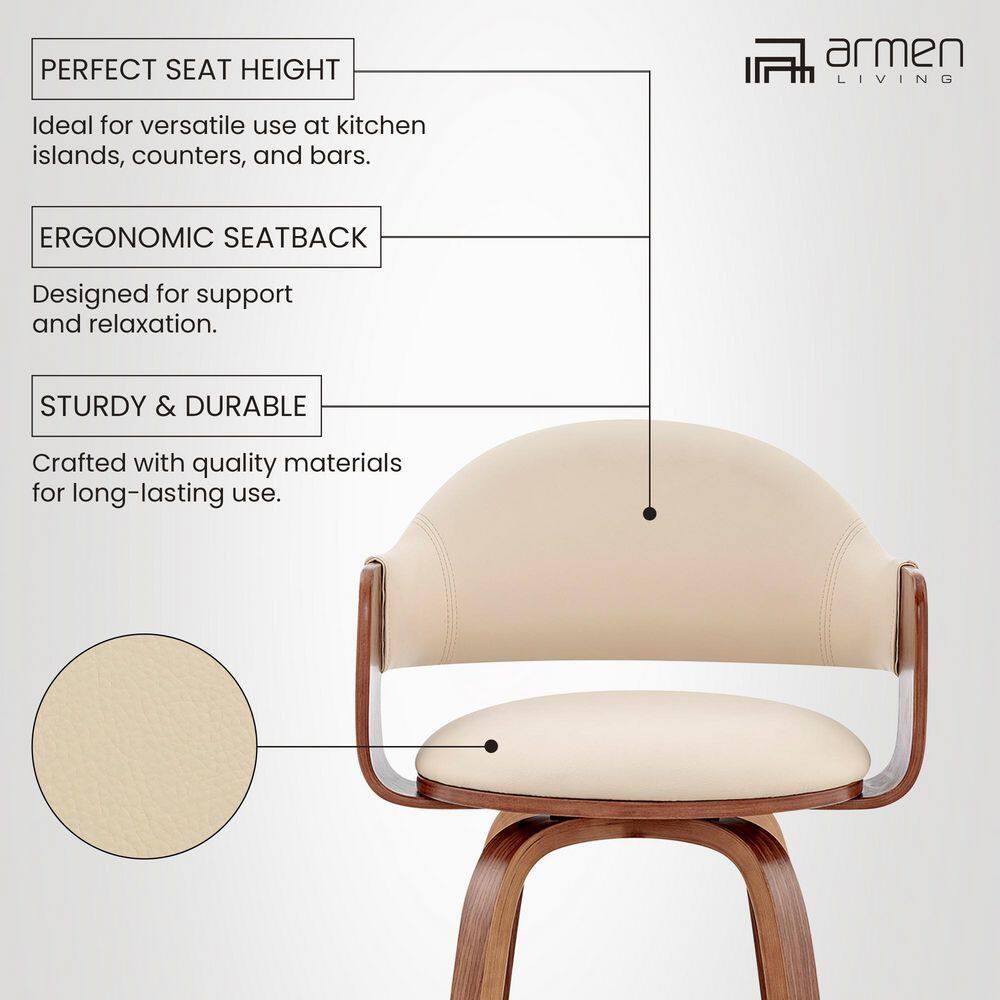 Armen Living 26" Daxton Counter Height Barstool with Cream Faux Leather Seat Walnut Finish Frame: Swivel, Footrest, Upholstered