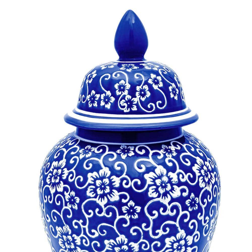 18" White Flowers on Blue Temple Jar