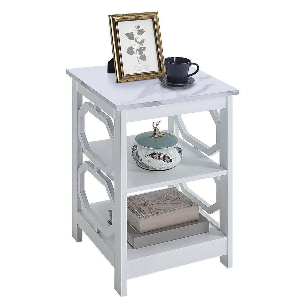 Convenience Concepts Omega End Table with Shelves, White Faux Marble/White