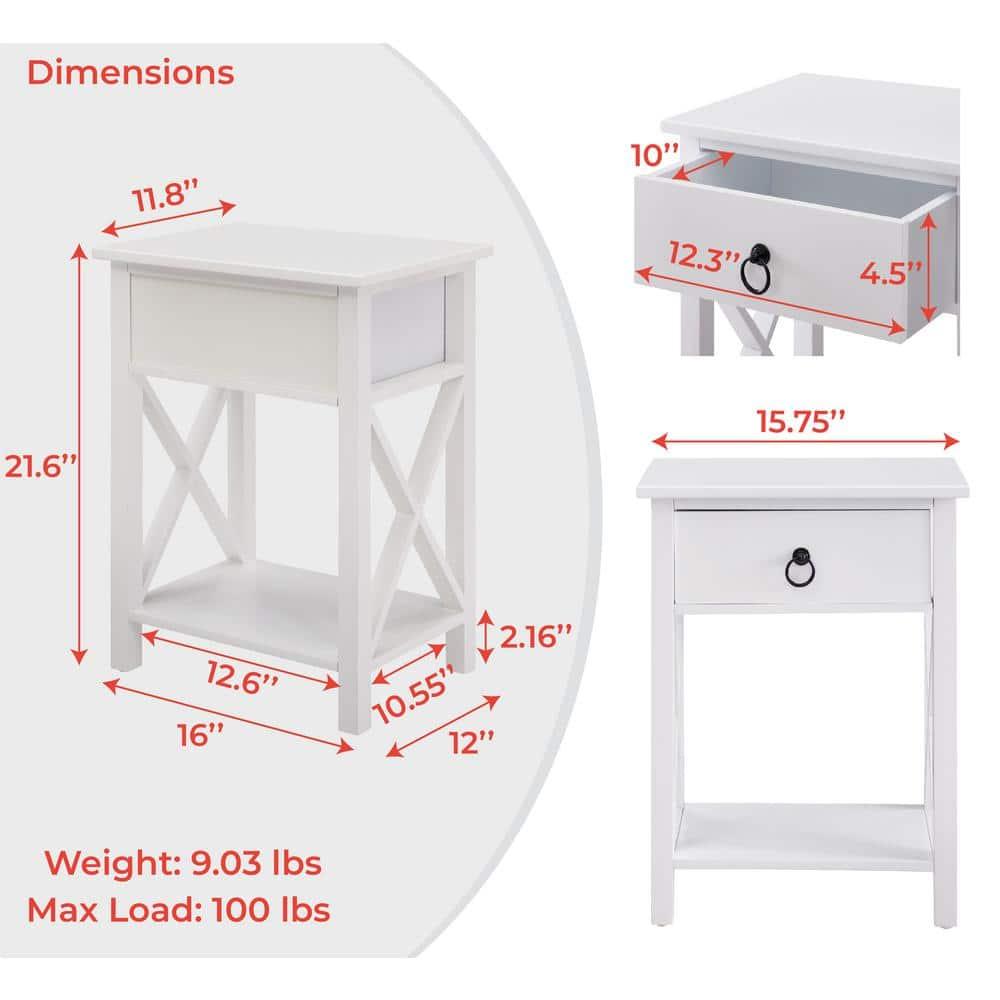 12 in. White Rectangle Wood End Table with Drawer and Shelf Solid Narrow Side Table For Bedrooms Ideal For Small Spaces