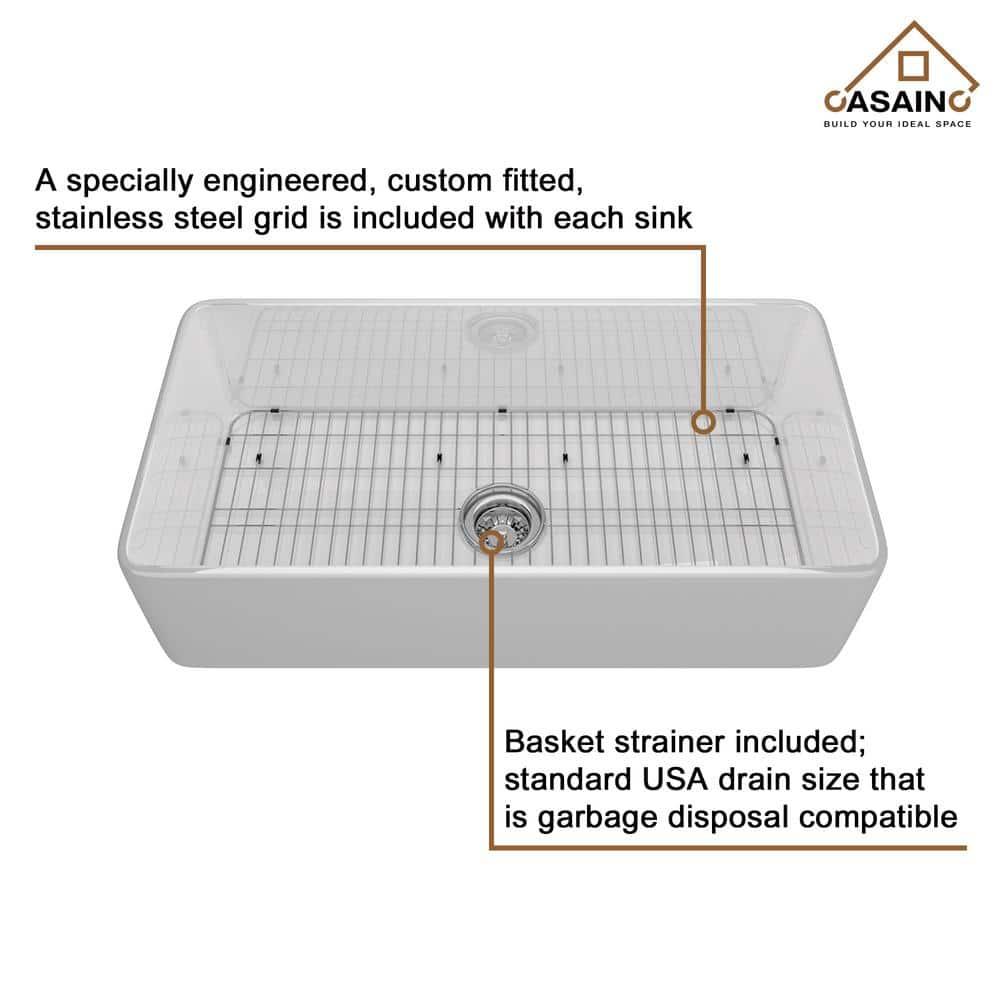 CASAINC CASAINC Single Bowl White Fireclay Farmhouse Kitchen Sink With Faucet Included KCSL0035-36W22M