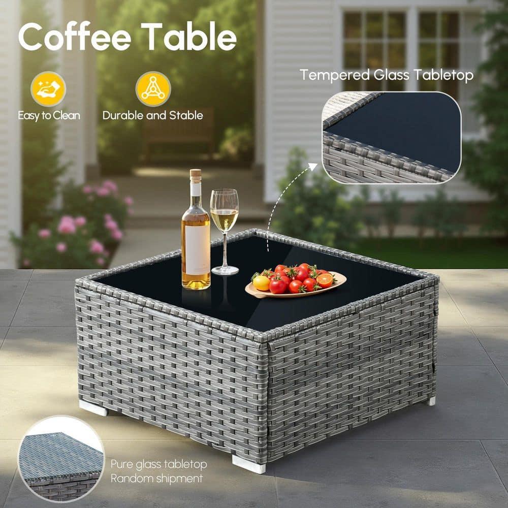 Ovios Venice 11pc Wicker Outdoor Patio Furniture Set Conversation Sofa with a Metal Fire Pit Swivel Chairs and Dark Gray Cushions