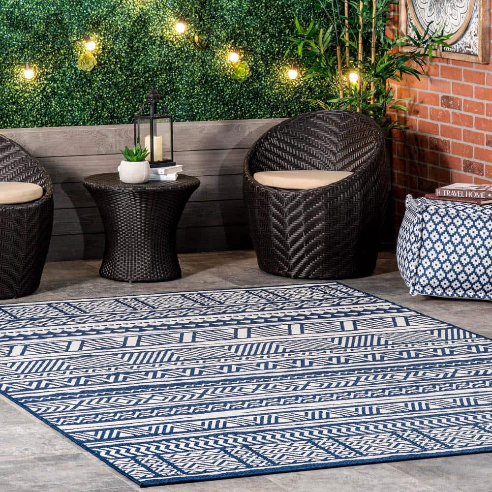 4'x6' Abbey Geometric Striped Indoor and Outdoor Area Rug Navy - nuLOOM: Low Pile, Rectangle, Polypropylene & Polyester