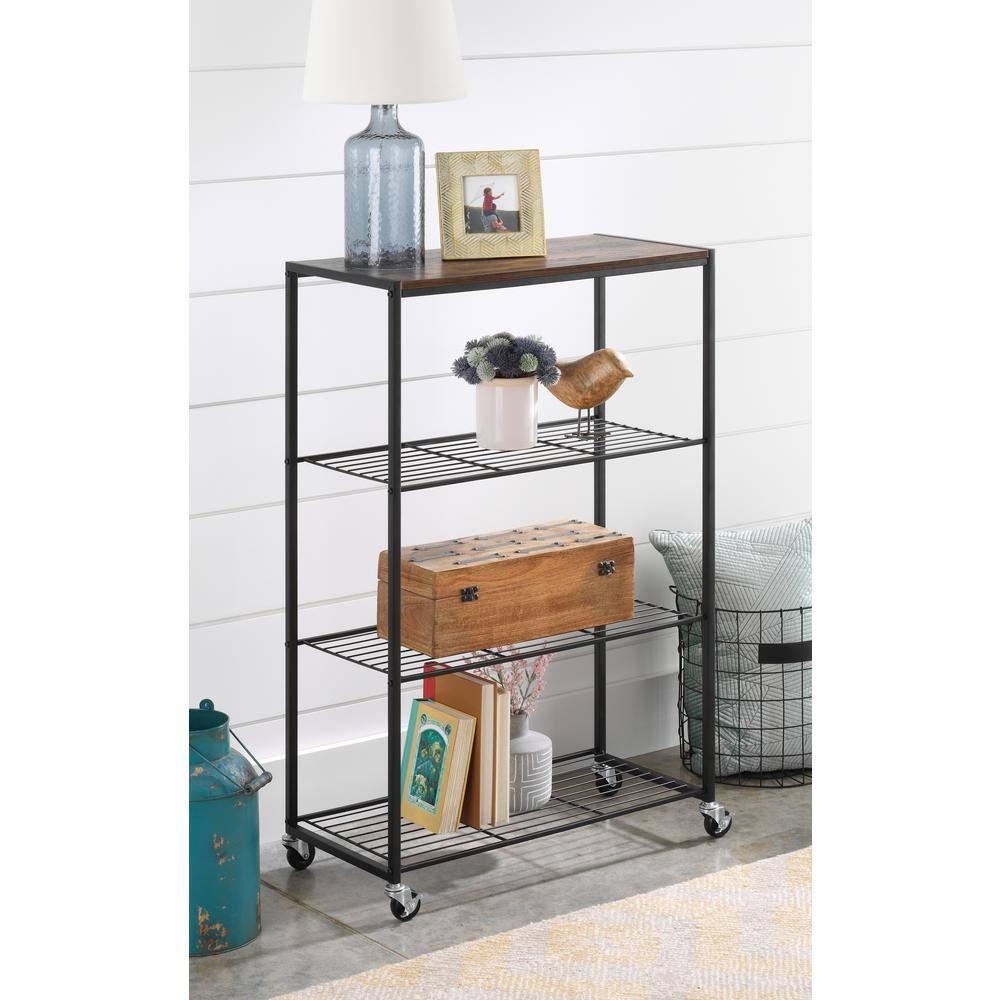 Whitmor Modern Industrial 4-Shelf Metal and Wooden Freestanding Shelves, Black