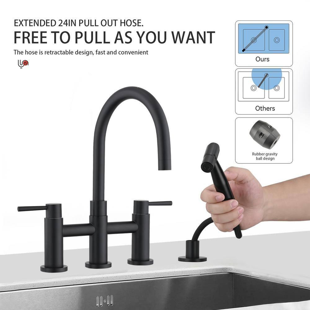 Double Handle Bridge Kitchen Faucet with Side Sprayer in Matte Black