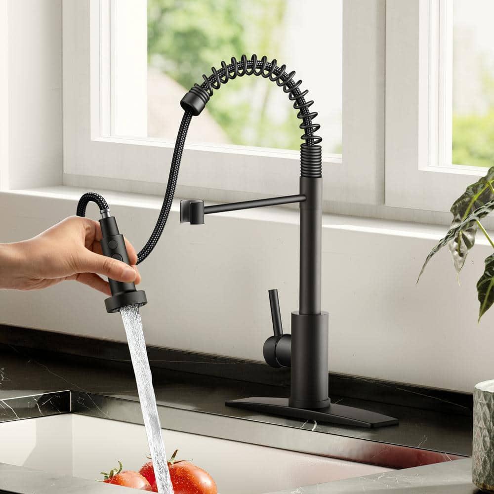 FORIOUS Black Kitchen Faucet with Soap Dispenser, Single Handle Stainless Steel Spring Sink Faucet with Pull Down Sprayer Transitional for Farmhouse Camper Laundry Camper
