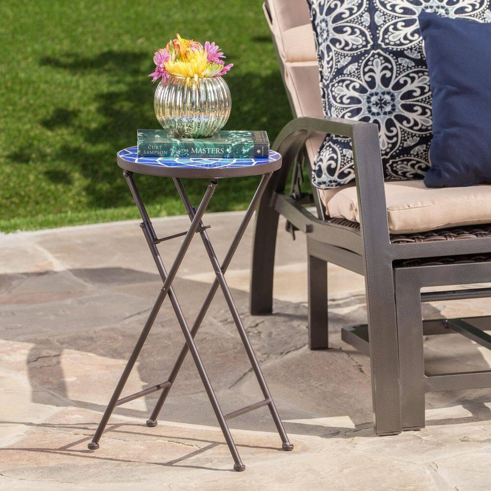 Fleur De Lis Living Folding Blue and White Top Side Table with Iron Frame, Multifunctional Plant or Beverage Stand