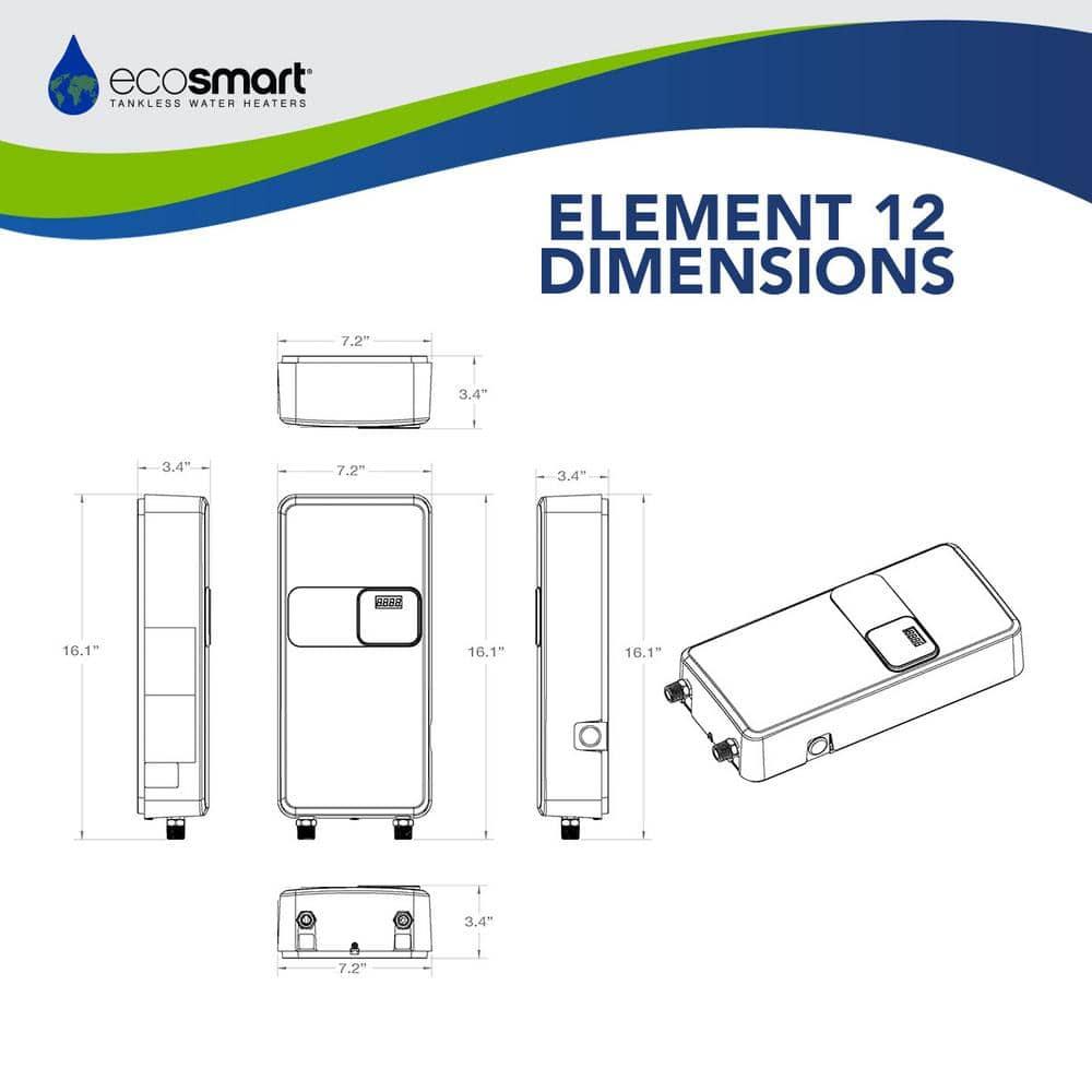 EcoSmart ECOS 12, Tankless Electric Water Heater, 12 kW, 240 Volt, Up to 2.9 GPM, 50 AMPS, Saves Space, Endless Hot Water, Digital Display, Warranty