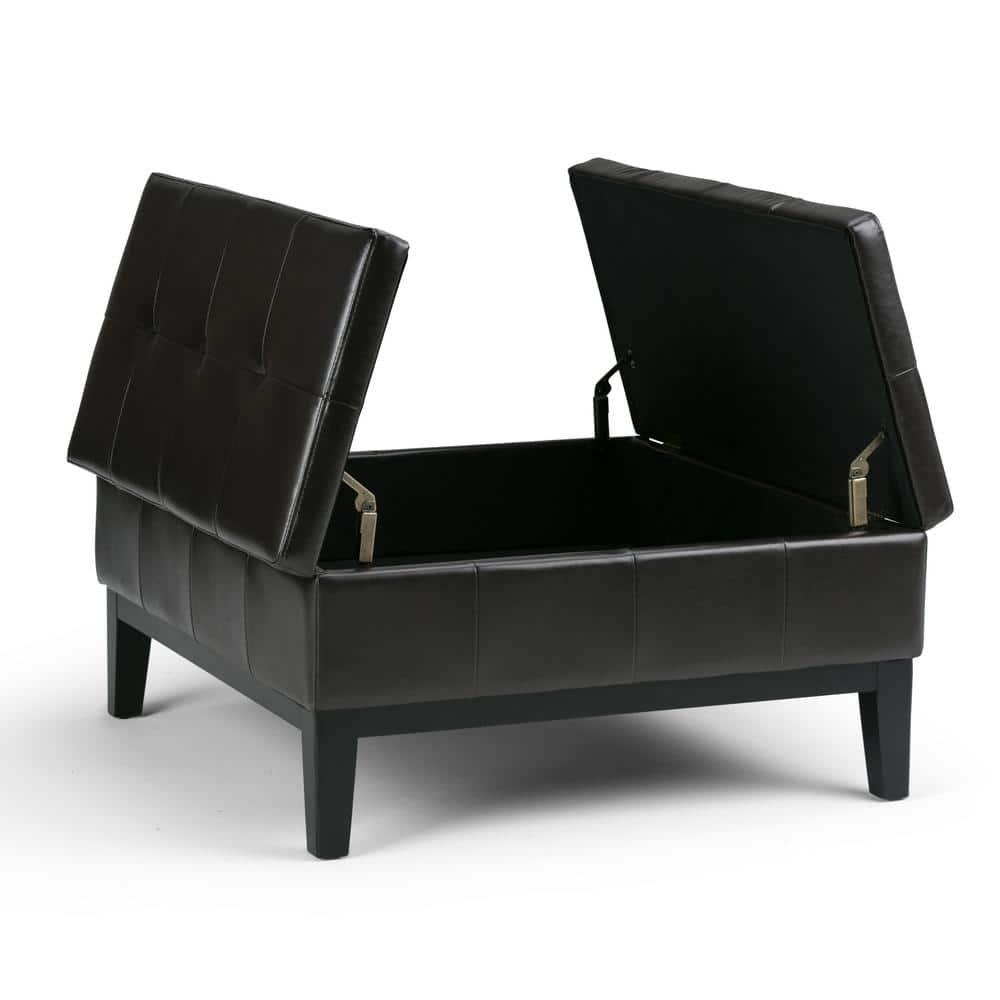 Simpli Home Dover 36"W Upholstered Square Coffee Table Storage Ottoman with Split Tufted Lift Top